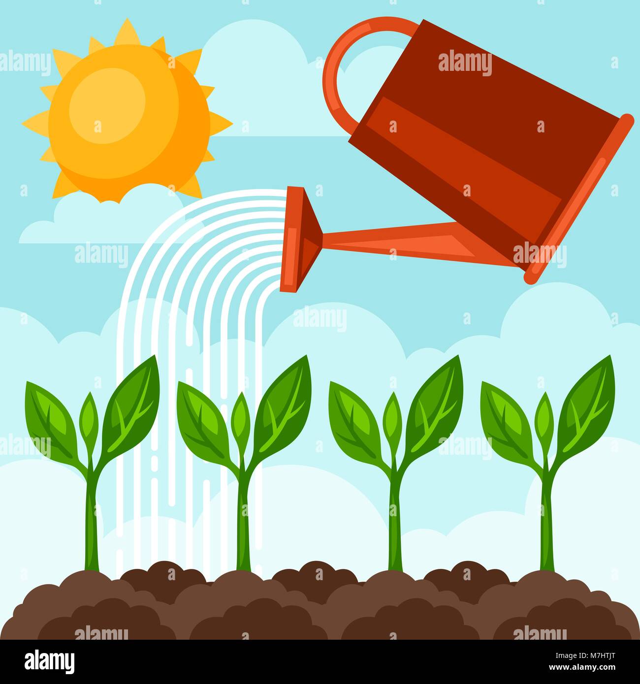 Illustration of watering plants from can. Image for advertising booklets, banners, flayers and articles Stock Vector