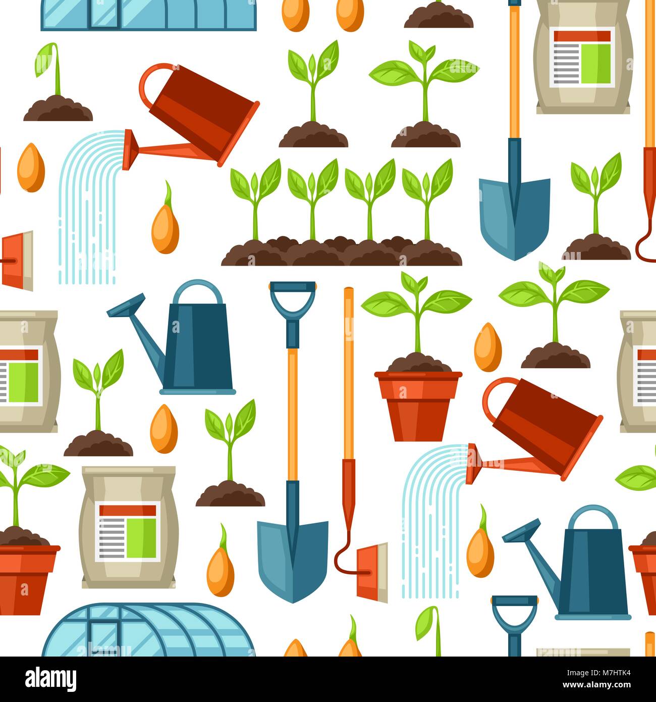 Seamless pattern with agriculture objects. Instruments for cultivation