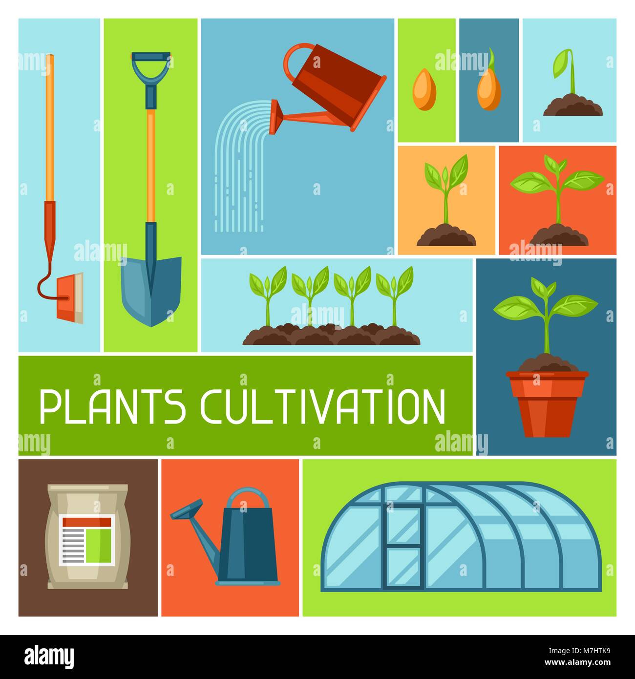 Background with agriculture objects. Instruments for cultivation, plants seedling process, stage plant growth, fertilizers and greenhouse Stock Vector