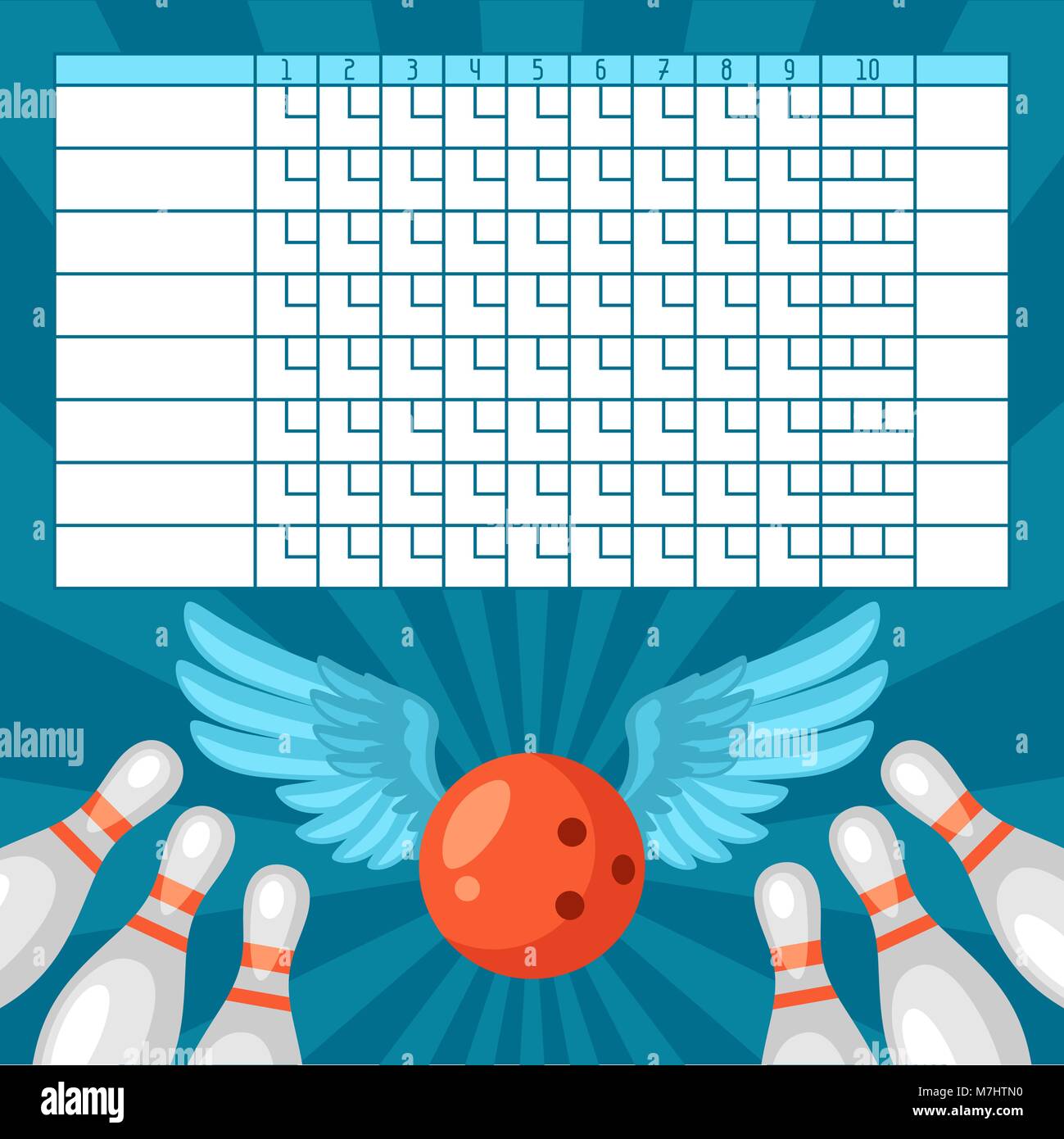Bowling score sheet. Blank template scoreboard with game objects Stock