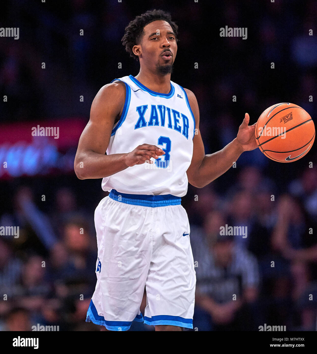 New York, New York, USA. 9th Mar, 2018. Xavier Musketeers guard Quentin Goodin (3) brings the ball up court in the first half of semifinals during the Big East Conference Tournament at Madison Square Garden in New York City. Providence defeats Xavier in overtime 75-72. Duncan Williams/CSM/Alamy Live News Stock Photo