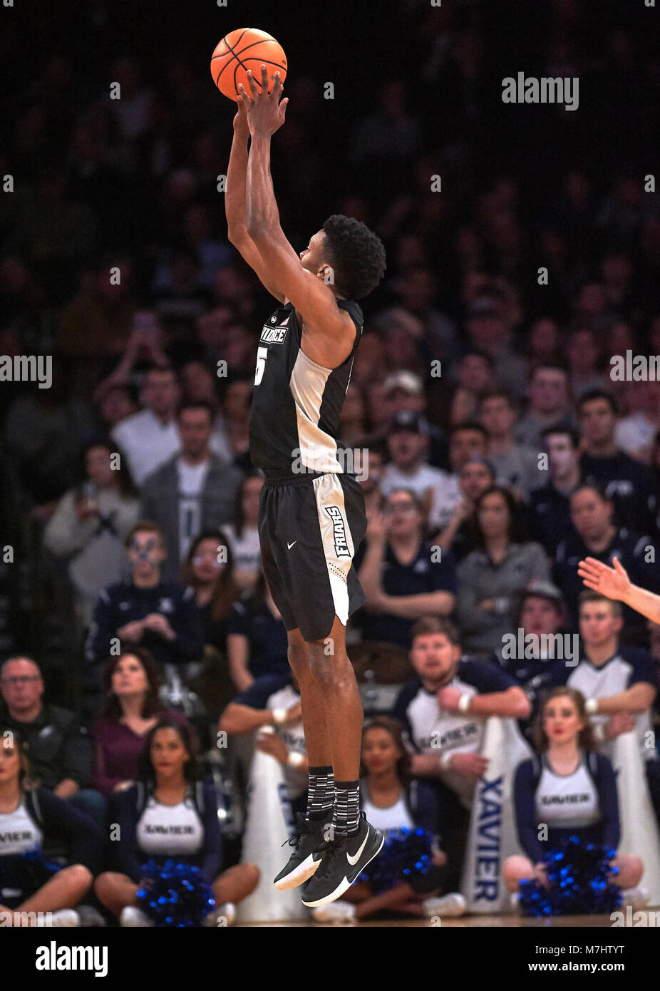 New York, New York, USA. 9th Mar, 2018. Providence Friars forward Rodney Bullock (5) takes a three pointer attempt in the first half of semifinals during the Big East Conference Tournament at Madison Square Garden in New York City. Providence defeats Xavier in overtime 75-72. Duncan Williams/CSM/Alamy Live News Stock Photo