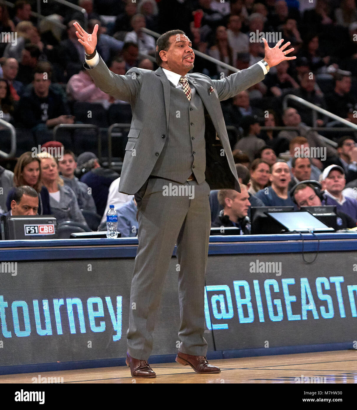 New York, New York, USA. 9th Mar, 2018. Providence Friars head coach Ed Cooley reacts to action on the court in the second half of semifinals during the Big East Conference Tournament at Madison Square Garden in New York City. Providence defeats Xavier in overtime 75-72. Duncan Williams/CSM/Alamy Live News Stock Photo