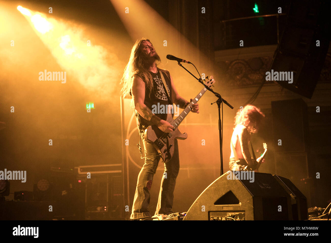 San Francisco, USA. 09th Mar, 2018. Grutle Kjellson of Enslaved performs on March 9, 2018 at the Regency Ballroom in San Francisco, California. Credit: The Photo Access/Alamy Live News Stock Photo