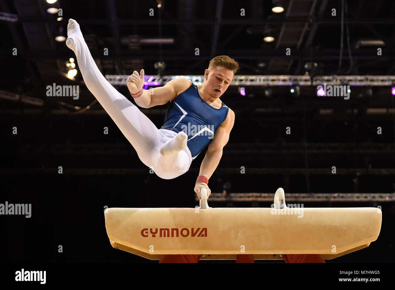 Liverpool, UK. 10th March, 2018. Bring Bevan of South Essex Gymnastics competes on the Pommel Horse during Men's All-Round of the 2018 Gymnastics British Championships at Echo Arena on Saturday, 10 March 2018. LIVERPOOL ENGLAND. Credit: Taka G Wu Credit: Taka Wu/Alamy Live News Stock Photo