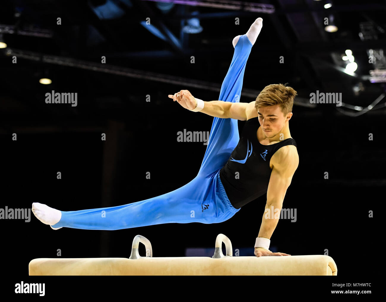 Liverpool, UK. 10th March, 2018. Sam Oldham competes on the Pommel Horse during the Man's All-Round competition of the 2018 Gymnastics British Championships at Echo Arena on Saturday, 10 March 2018. LIVERPOOL ENGLAND. Credit: Taka G Wu Credit: Taka Wu/Alamy Live News Stock Photo