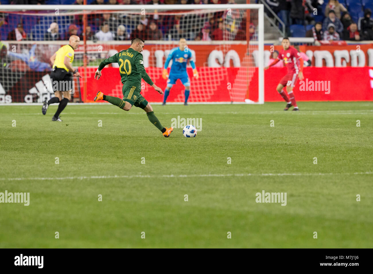 Harrison, New Jersey, USA. 10th March, 2018. David Guzman (20) of Portland Timbers kicks ball during regular MLS game against New York Red Bulls at Red Bull Arena Red Bulls won 4 - 0 Credit: lev radin/Alamy Live News Stock Photo