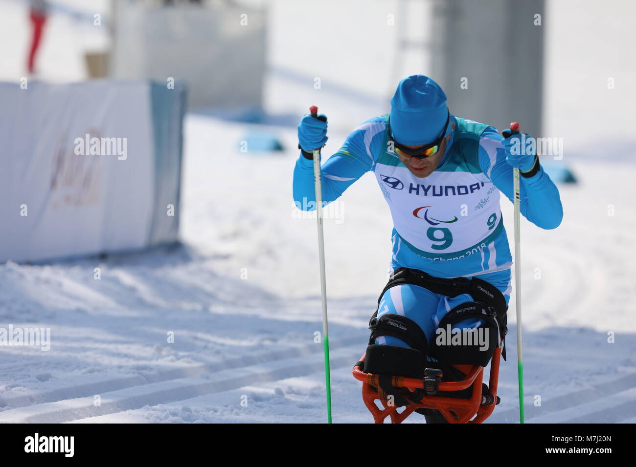 Pyeongchang, South Korea. 11th Mar, 2018. Sergey Ussoltsev from Kazakhstan (rank 15) seen during the Cross-Country Skiing Men's 15km Sitting.The Pyeongchang Paralympics 2018 Games will be held from March 09 until March 18 2018 in Pyeongchang. Credit: Ilona Berezowska/SOPA Images/ZUMA Wire/Alamy Live News Stock Photo