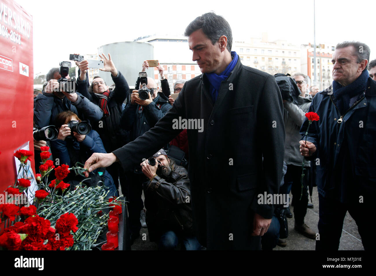 Madrid, Spain. 11th March, 2018. Politican Pedro Sanchez during a tribute in memory of the victims of the attack of 11-M 2004, at the train station of Atocha on Sunday 11 March 2018. Credit: Gtres Información más Comuniación on line, S.L./Alamy Live News Stock Photo