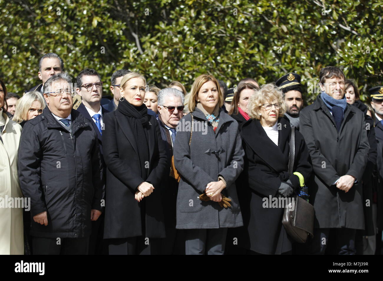 Madrid, Spain. 11th March, 2018.President of the Community of Madrid, Cristina Cifuentes, politicans Juan Ignacio Zoido, Maria Dolores de Cospedal, Manuela Carmena during a tribute in memory of the victims of the attack of 11-M 2004, at the forest of the Retiro Park on Sunday 11 March 2018. Credit: Gtres Información más Comuniación on line, S.L./Alamy Live News Stock Photo