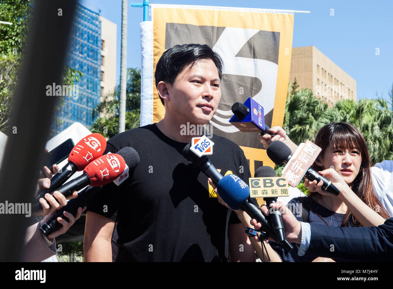 Taipei, Taiwan. 11th Mar, 2018. Huang Kuo-Chang chairperson of the New Power Party giving an Interview during the demonstration.Hundreds of protesters staged an Anti-Nuclear rally in Taiwan to demand the island's government honor its promise to end the use of atomic energy by 2025. Credit: Jose Lopes Amaral/SOPA Images/ZUMA Wire/Alamy Live News Stock Photo