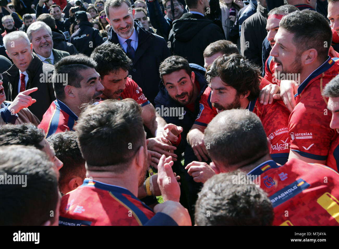 Madrid, Spain. 11th March, 2018. Spanish King Felipe VI during the match of rugby between Spain vs Germany in the Central of Complutense Madrid on Sunday 11 March 2018. Spain won (84-10) Germany. Credit: Gtres Información más Comuniación on line, S.L./Alamy Live News Stock Photo