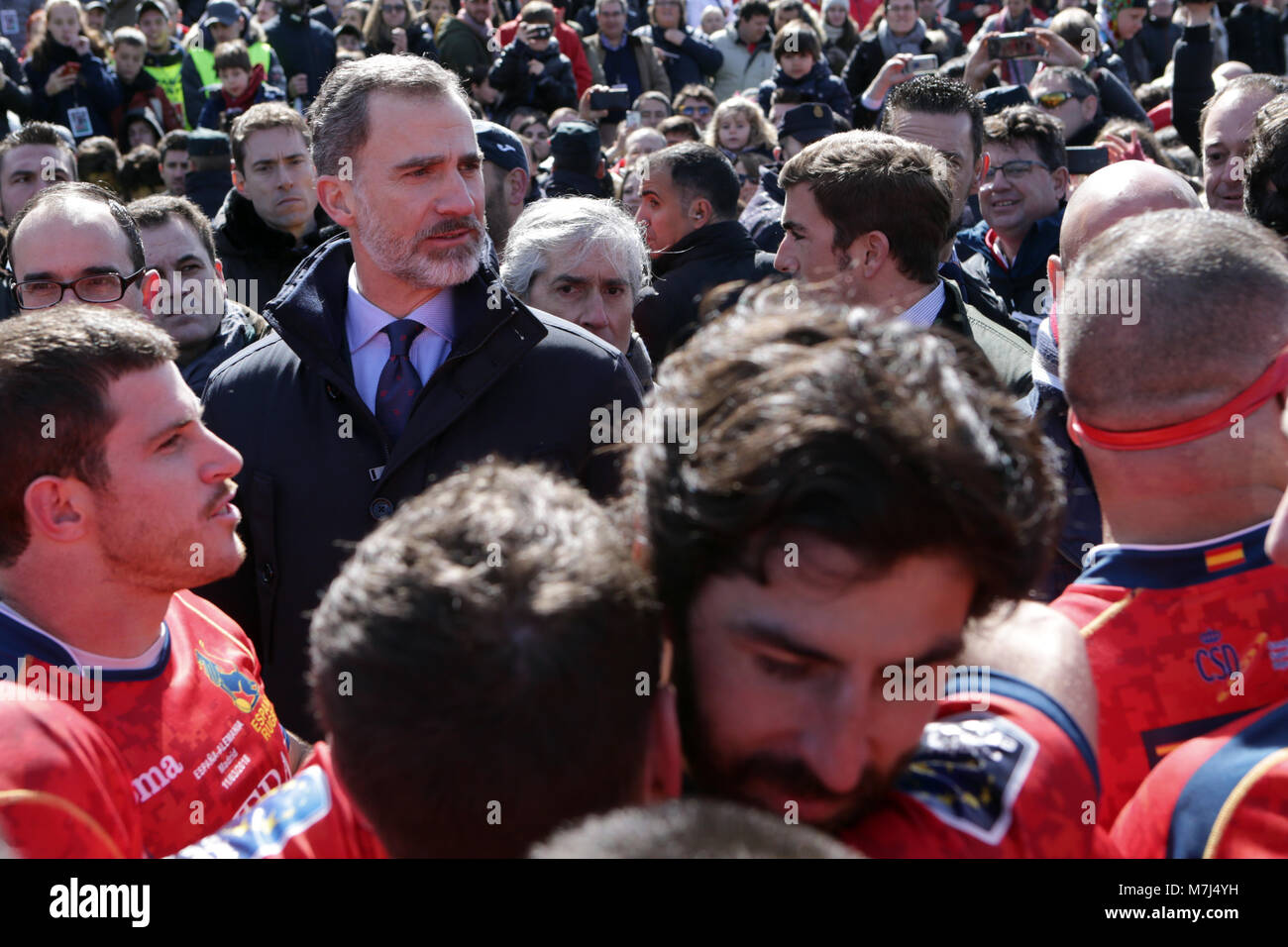 Madrid, Spain. 11th March, 2018. Spanish King Felipe VI during the match of rugby between Spain vs Germany in the Central of Complutense Madrid on Sunday 11 March 2018. Spain won (84-10) Germany. Credit: Gtres Información más Comuniación on line, S.L./Alamy Live News Stock Photo