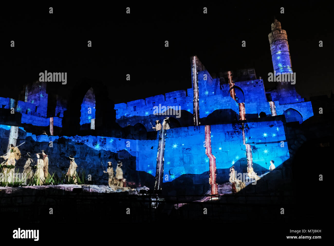 Jerusalem, Israel. 11th February, 2018. Jerusalem's Tower of David Museum hosts a press event to inaugurate their new light and sound production, King David. Open to the public from 1st April, 2018, the experience will tell the story of the famous biblical shepherd to king story of King David, illuminating the citadel with 250,000 lumens and 35 million pixels in vibrant colors and high definition images under the Jerusalem night sky. Credit: Nir Alon/Alamy Live News Stock Photo