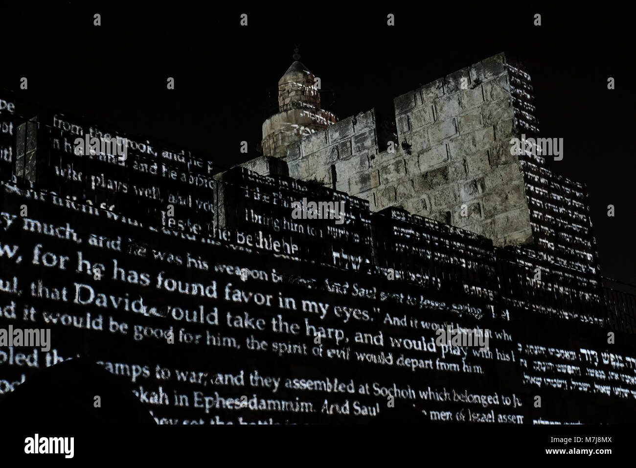 Jerusalem, Israel. 11th February, 2018. Jerusalem's Tower of David Museum hosts a press event to inaugurate their new light and sound production, King David. Open to the public from 1st April, 2018, the experience will tell the story of the famous biblical shepherd to king story of King David, illuminating the citadel with 250,000 lumens and 35 million pixels in vibrant colors and high definition images under the Jerusalem night sky. Credit: Nir Alon/Alamy Live News Stock Photo