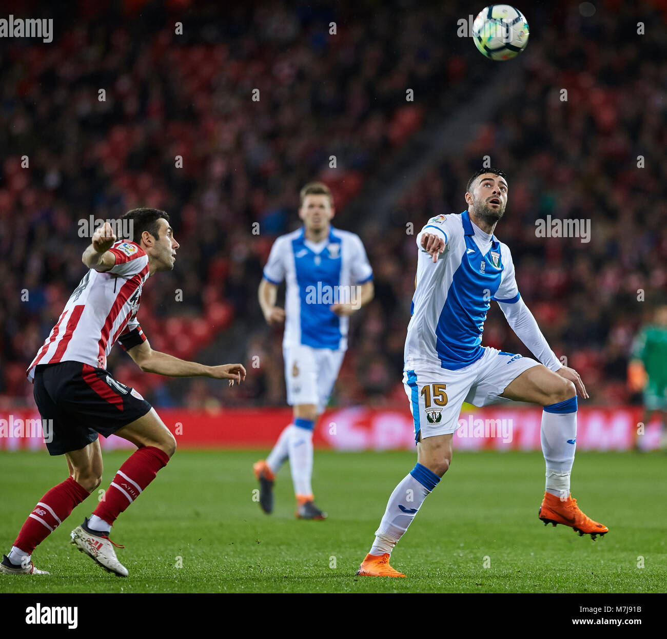 (15) Diego Rico, (14) Markel Susaeta during the Spanish La Liga soccer match between Athletic Club Bilbao and C.D Leganes at San Mames stadium, in Bilbao, northern Spain, Sunday, March,11, 2018. Stock Photo