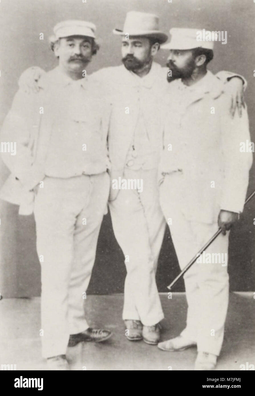 Zola, Francois Emile - Drei Urlauber. Von links nach rechts - der Verleger Charpentier, Zola, der Graveur Desmoulin (Zeno Fotografie) Stock Photo