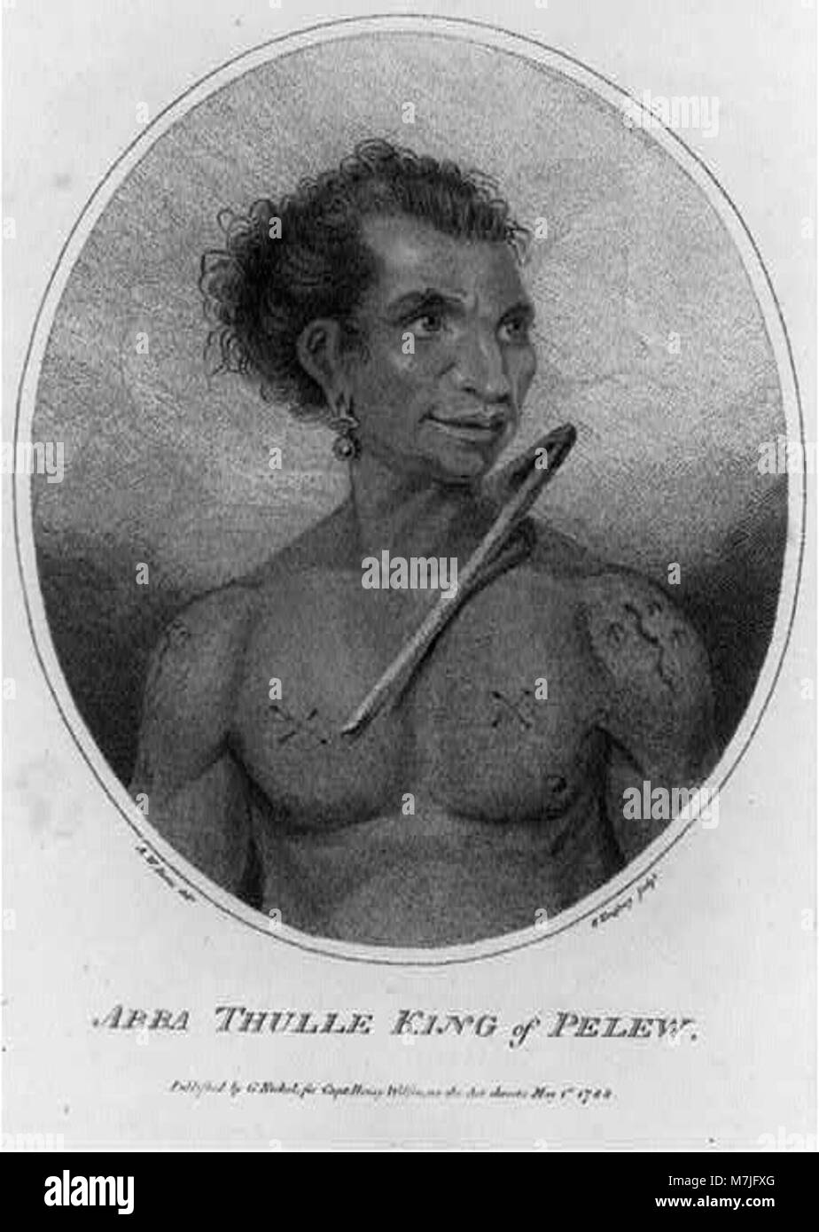 A portrait of Abba Thulle, the King of Pelew, depicting his royal attire and regalia. This image offers a rare glimpse into the monarchy and leadership of the Pelew Islands. Stock Photo