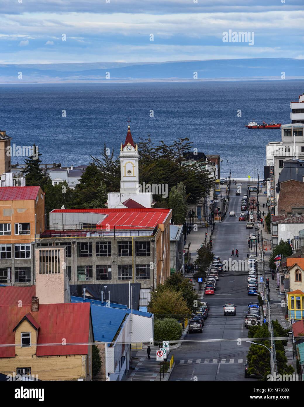 Panoramic view of Punta Arenas and Straits of Magellan. Patagonia, Chile, South America Stock Photo