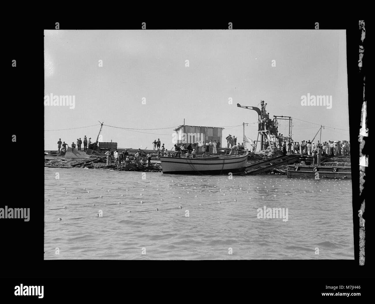 A photograph of a celebration at the Tel Aviv jetty, showing a crowd ...