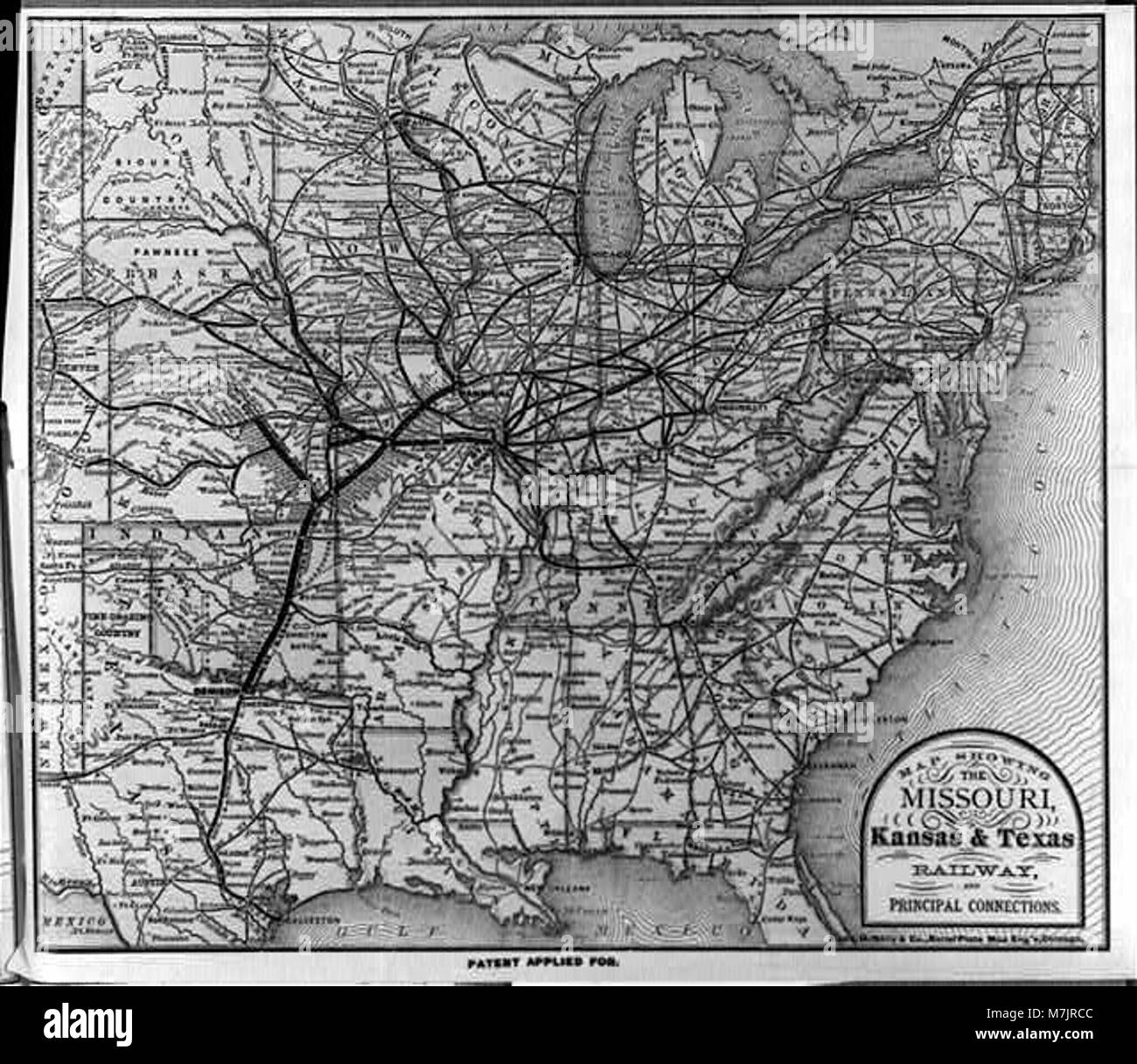 This map displays the Missouri, Kansas & Texas Railway and its key connections, highlighting the railway's role in regional transportation and economic development in the central United States. Stock Photo