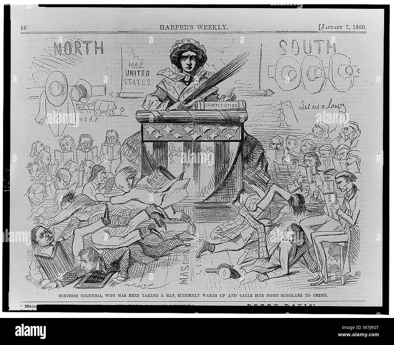 A satirical illustration titled 'Mistress Columbia' showing her awakening to address her noisy scholars, representing a playful political commentary. Stock Photo