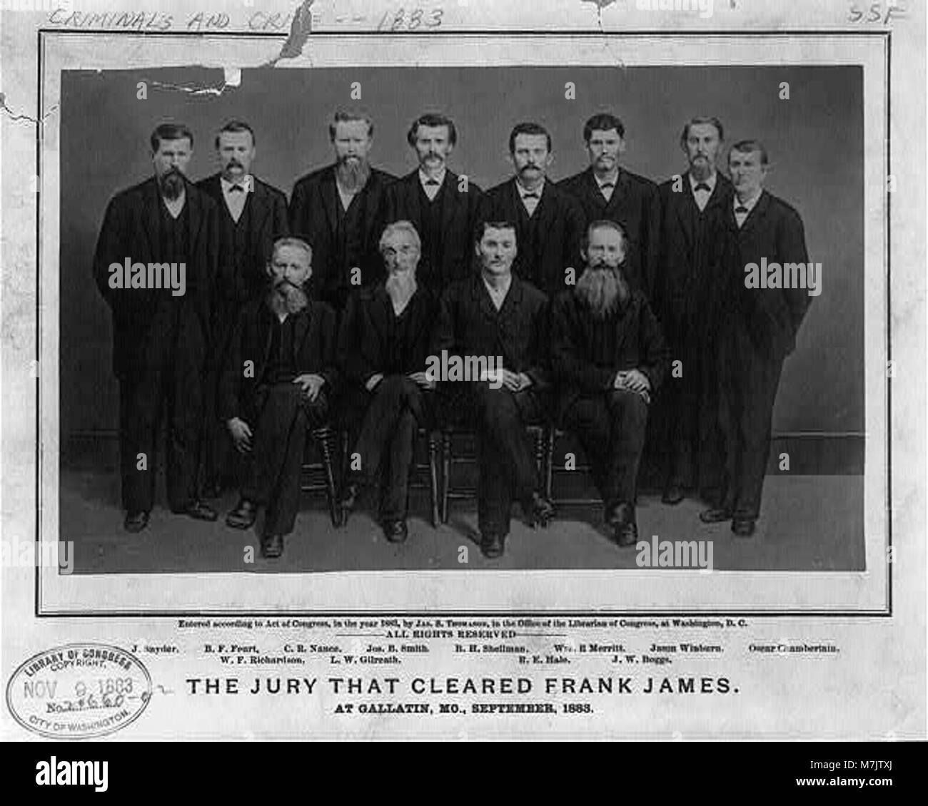 The jury that cleared Frank James, at Gallatin, Mo., September 1883- J. Snyder, B.F. Feurt, C.R. Nance, Jos. B. Smith, B.H. Shellman, William R. Merritt, Jason Winburn, Oscar Chamberlain, LCCN2002711755 Stock Photo