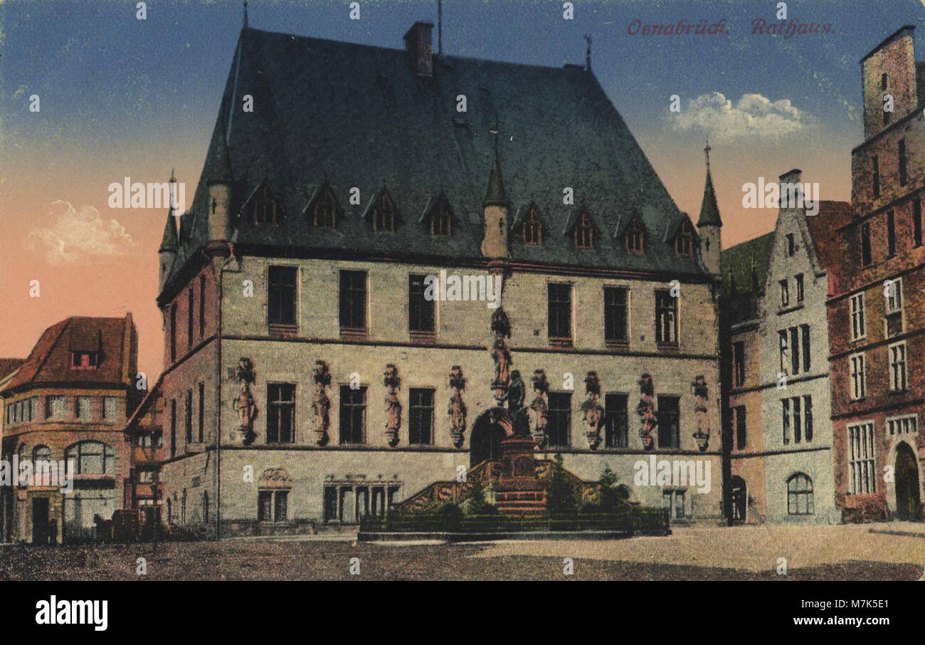 A historic postcard depicting the Rathaus (Town Hall) in Osnabrück ...