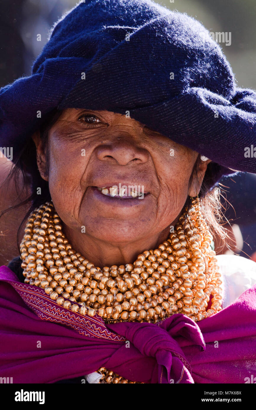 An older native woman in an Indian market in the town of Otavalo, Equador. NMR Stock Photo