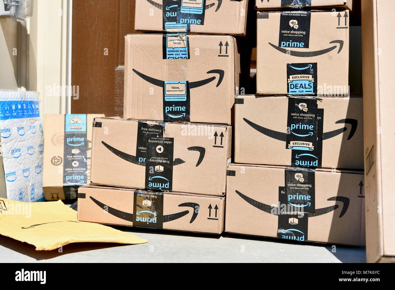 Stack of Amazon Prime boxes, USA Stock Photo Alamy