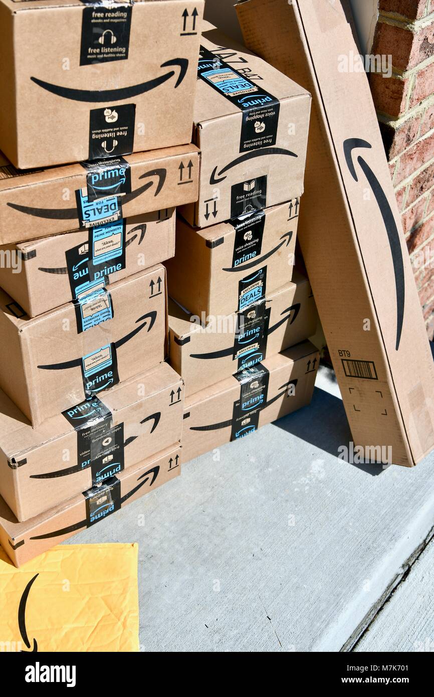 Stack of Amazon Prime boxes, USA Stock Photo Alamy