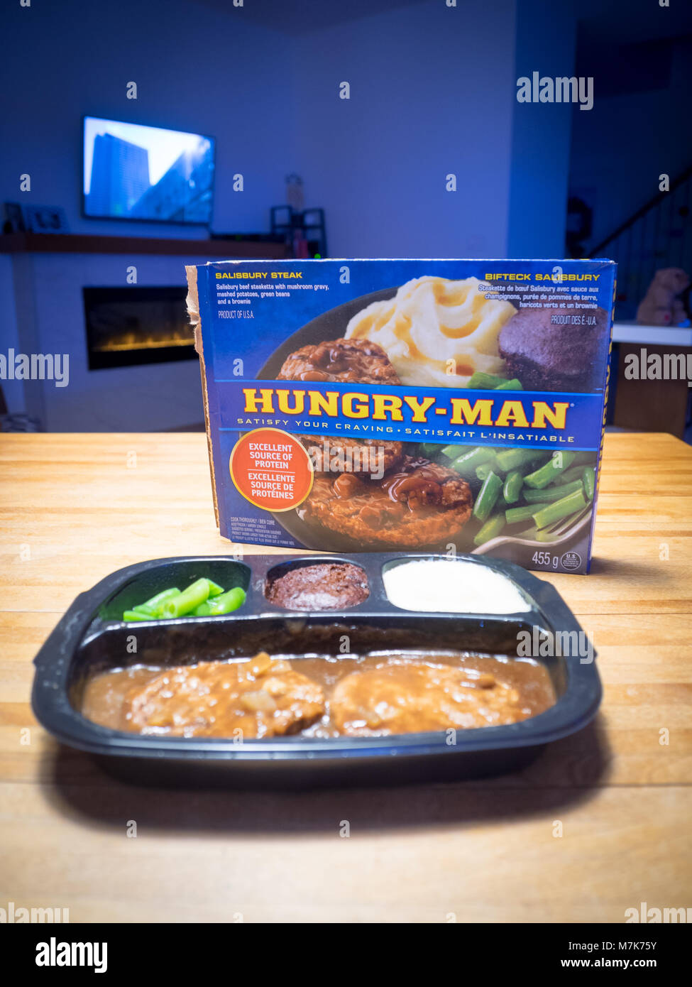 A Swanson Hungry-Man salisbury steak TV dinner (frozen dinner). Stock Photo