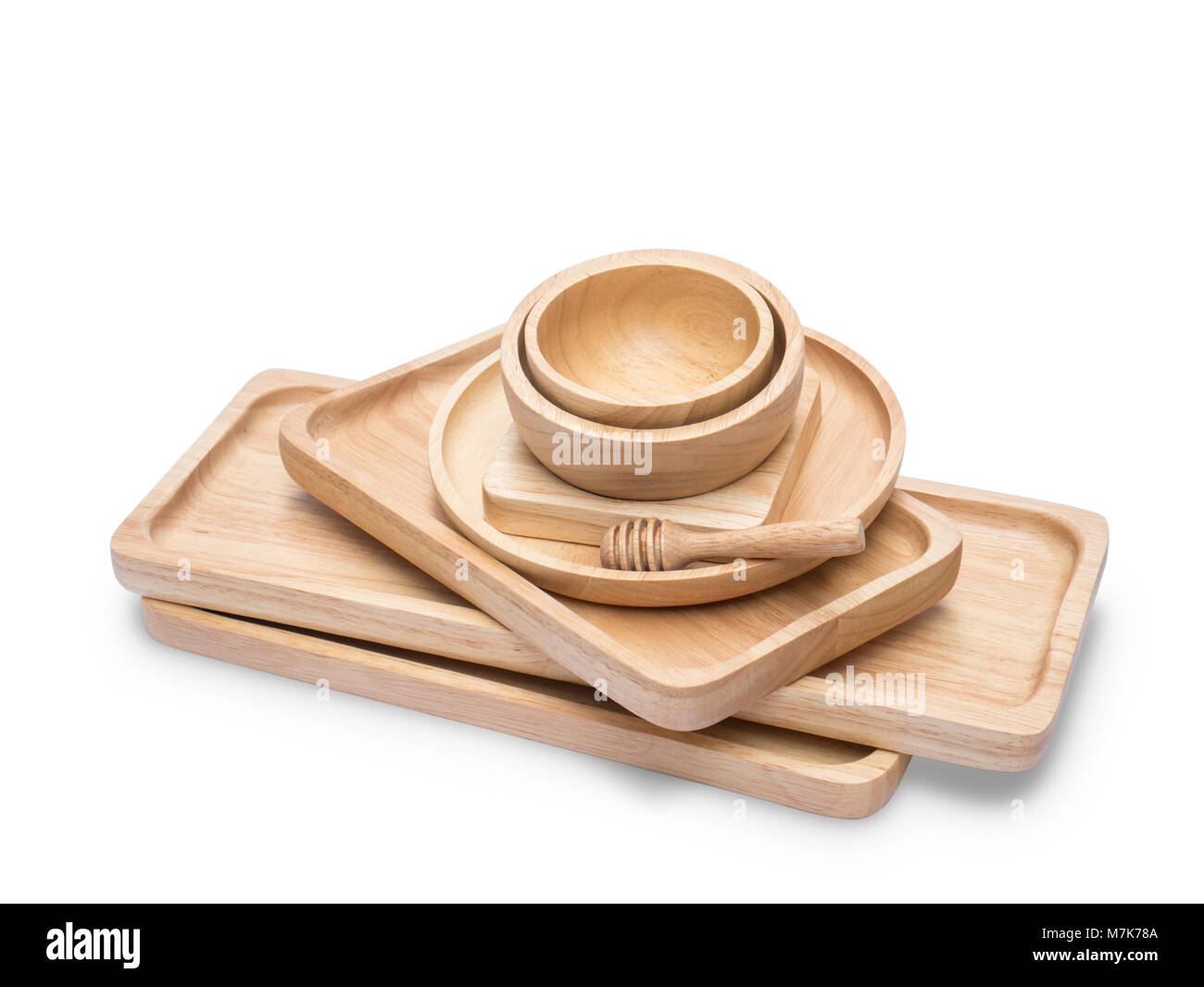 Set of wooden dishware isolated on white background with clipping path ...