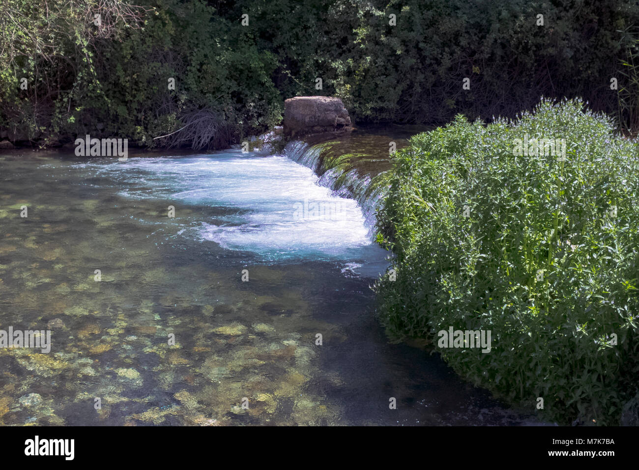 small waterfall on the Hermon Stream in Banias Park in the Golan Heights Stock Photo