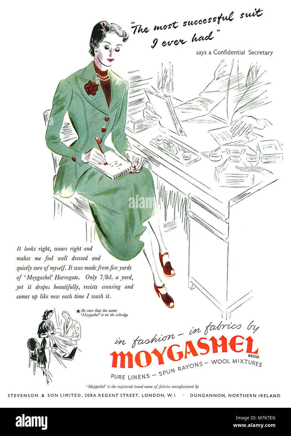 1949 British advertisement for Moygashel fabrics by Stevenson & Son. Stock Photo
