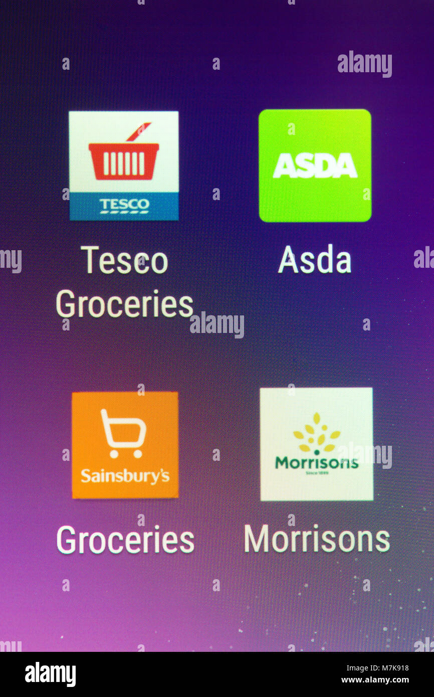 Apps on a smarthphone for the 'Big Four' British supermarkets Stock Photo