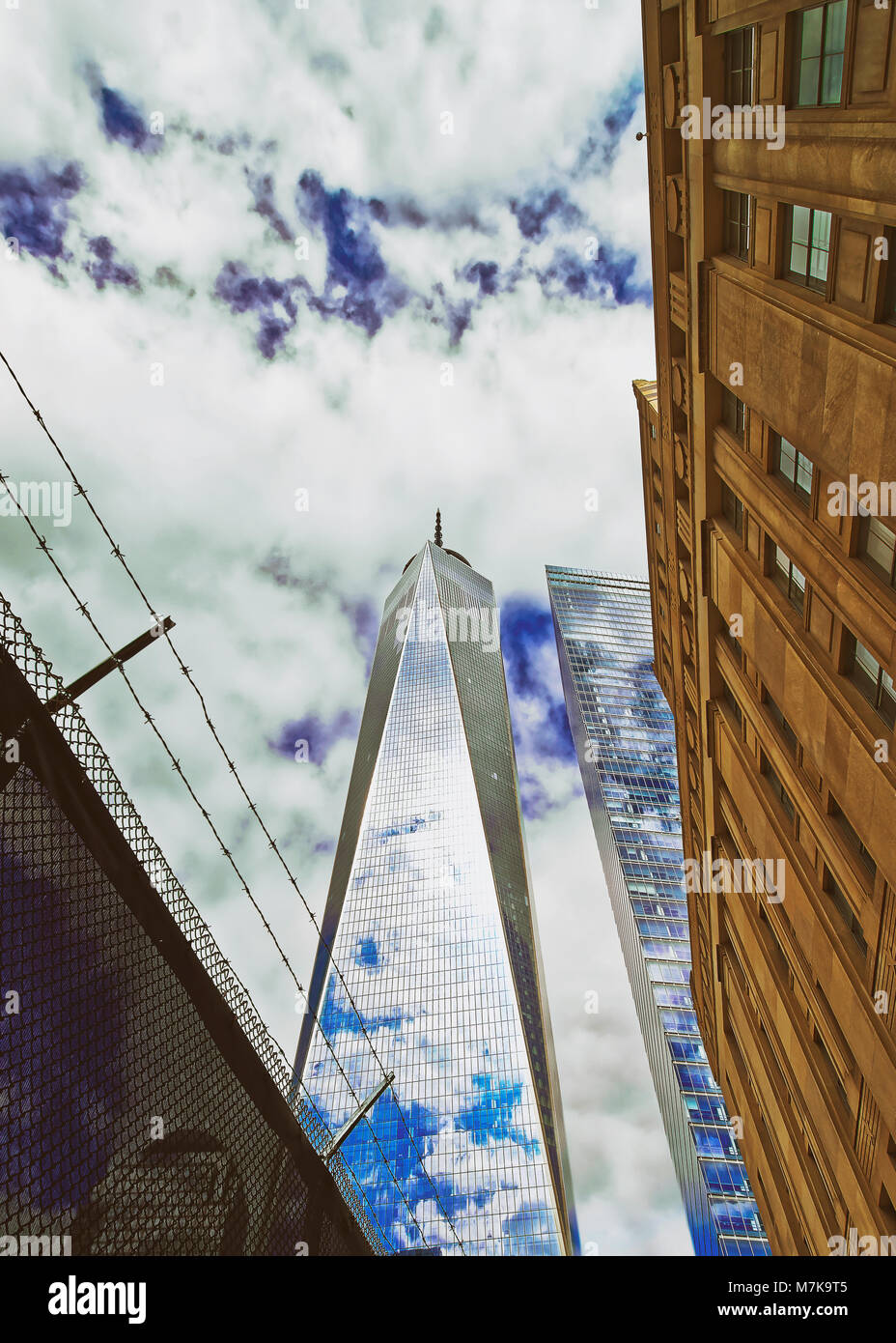 New York, USA April 24, 2015 One World Trade Center and barbed wire