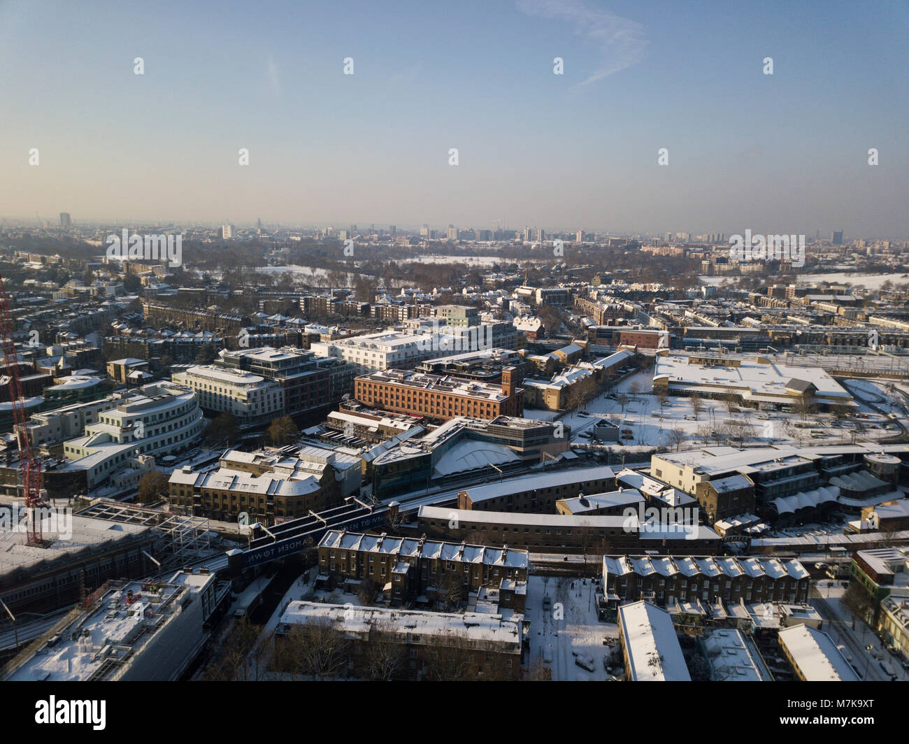 Aerial view from Camden Town borough during snowfall in London 2018 Stock Photo