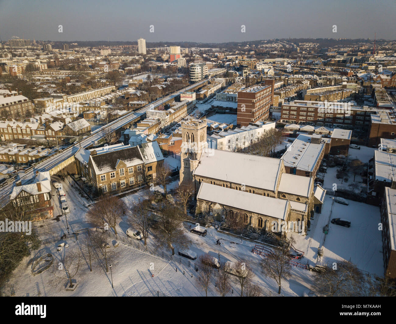 Aerial view from Camden Town borough during snowfall in London 2018 Stock Photo