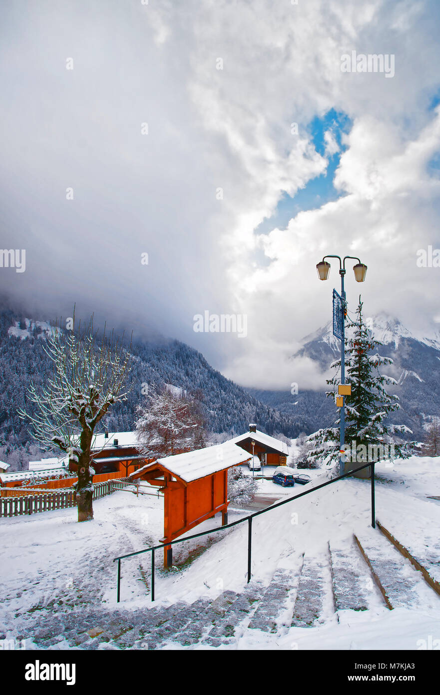 Stairs in French Alpine village in Champagny-en-Vanoise in winter, France Stock Photo