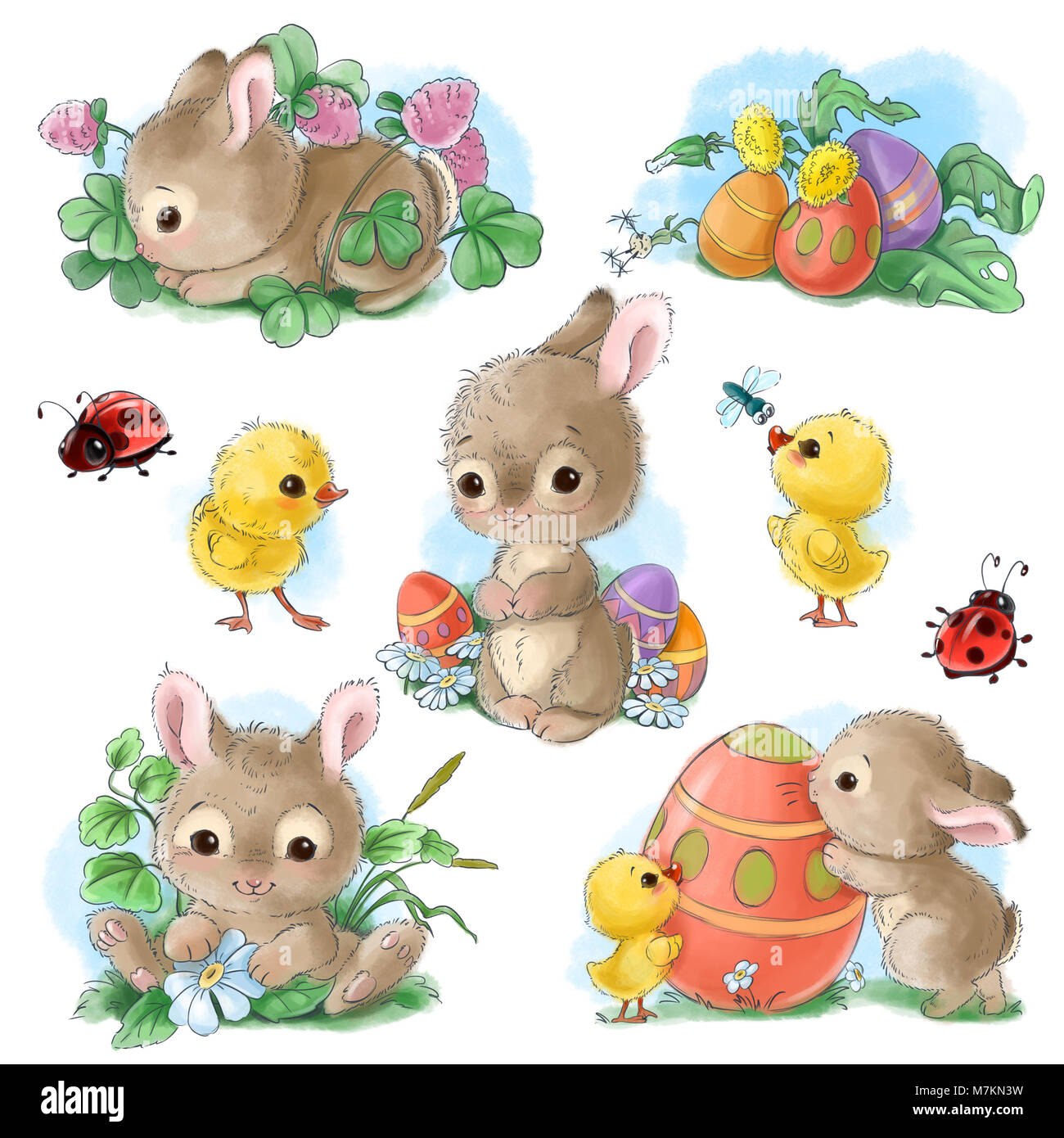 Set of cute Easter cartoon characters and design elements. Easter bunny, chickens, eggs and flowers.  illustration. Stock Photo