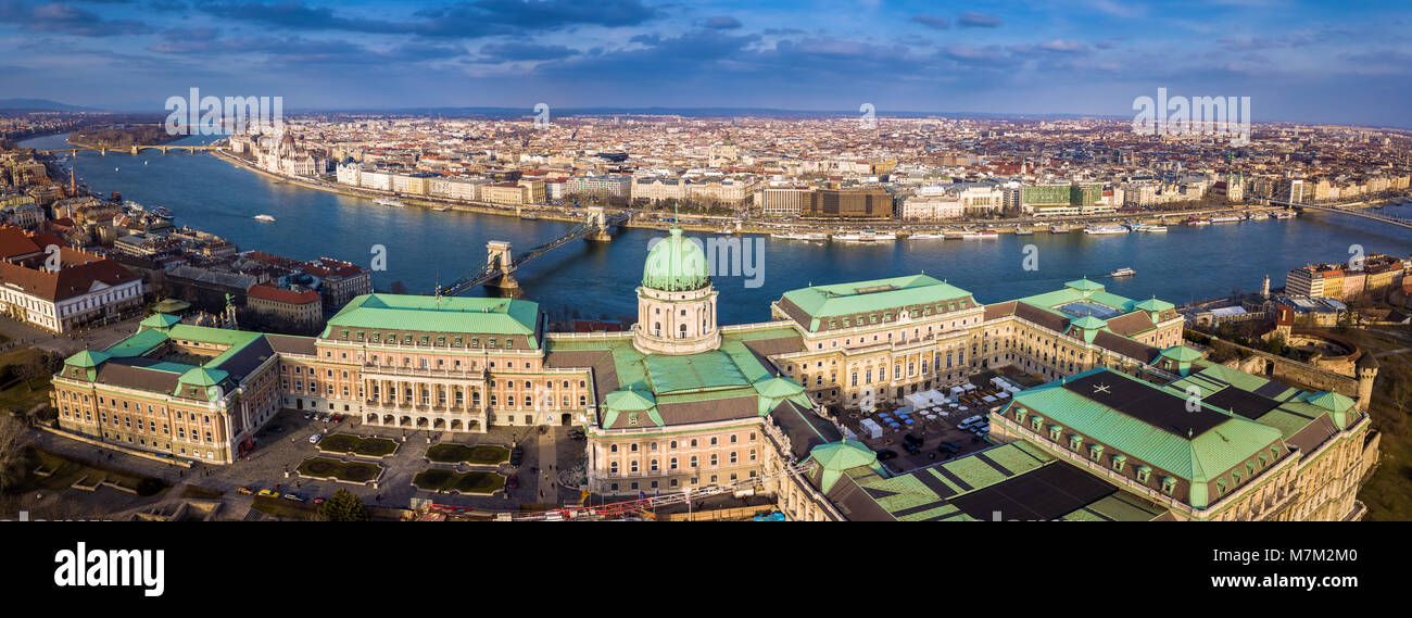 Budapest, Hungary - Aerial skyline view of the famous Buda Castle Royal Palace at Castle District with Szechenyi Chain Bridge and other landmarks at b Stock Photo
