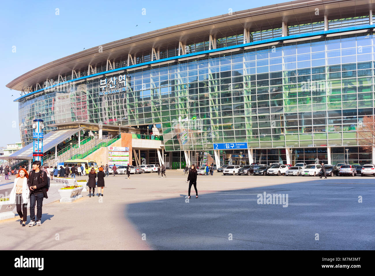 Busan, South Korea - March 12, 2016: Passengers at the Railway station building in Busan, South Korea Stock Photo