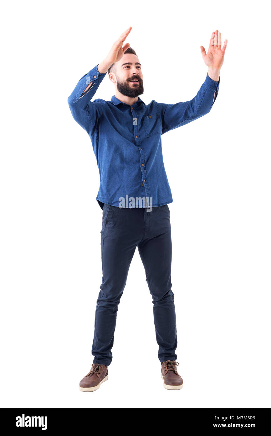 Cheerful cheering happy young business casual man clapping hands looking up  and smile. Full body isolated on white background Stock Photo - Alamy