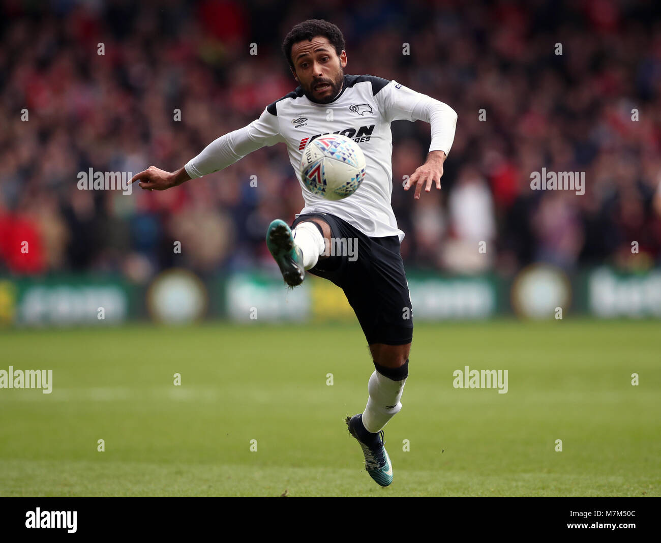 Derby County's Ikechi Anya during the Sky Bet Championship match at the City Ground, Nottingham. PRESS ASSOCIATION Photo. Picture date: Sunday March 11, 2018. See PA story SOCCER Forest. Photo credit should read: Nick Potts/PA Wire. RESTRICTIONS: No use with unauthorised audio, video, data, fixture lists, club/league logos or 'live' services. Online in-match use limited to 75 images, no video emulation. No use in betting, games or single club/league/player publications. Stock Photo
