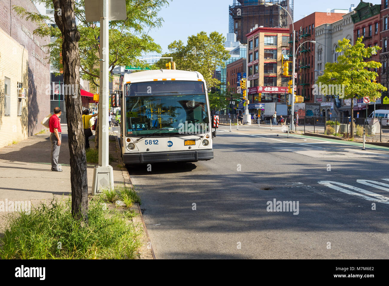 New York, NYC, USA August 26, 2017 Bus at the bus stop on Lower