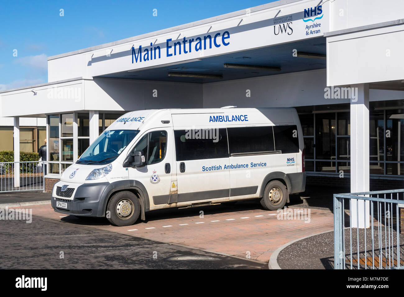 Ambulance parked at the front entrance to Crosshouse University Hospital, Crosshouse, Ayrshire