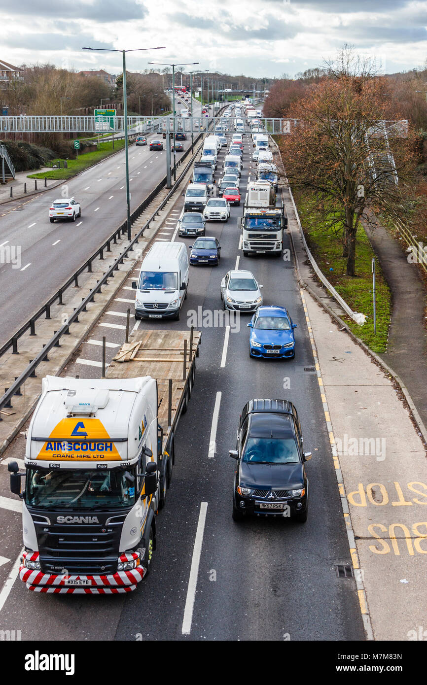 The customary east-bound traffic tailback on the North Circular Road, London, UK, at Friern Bridge Stock Photo
