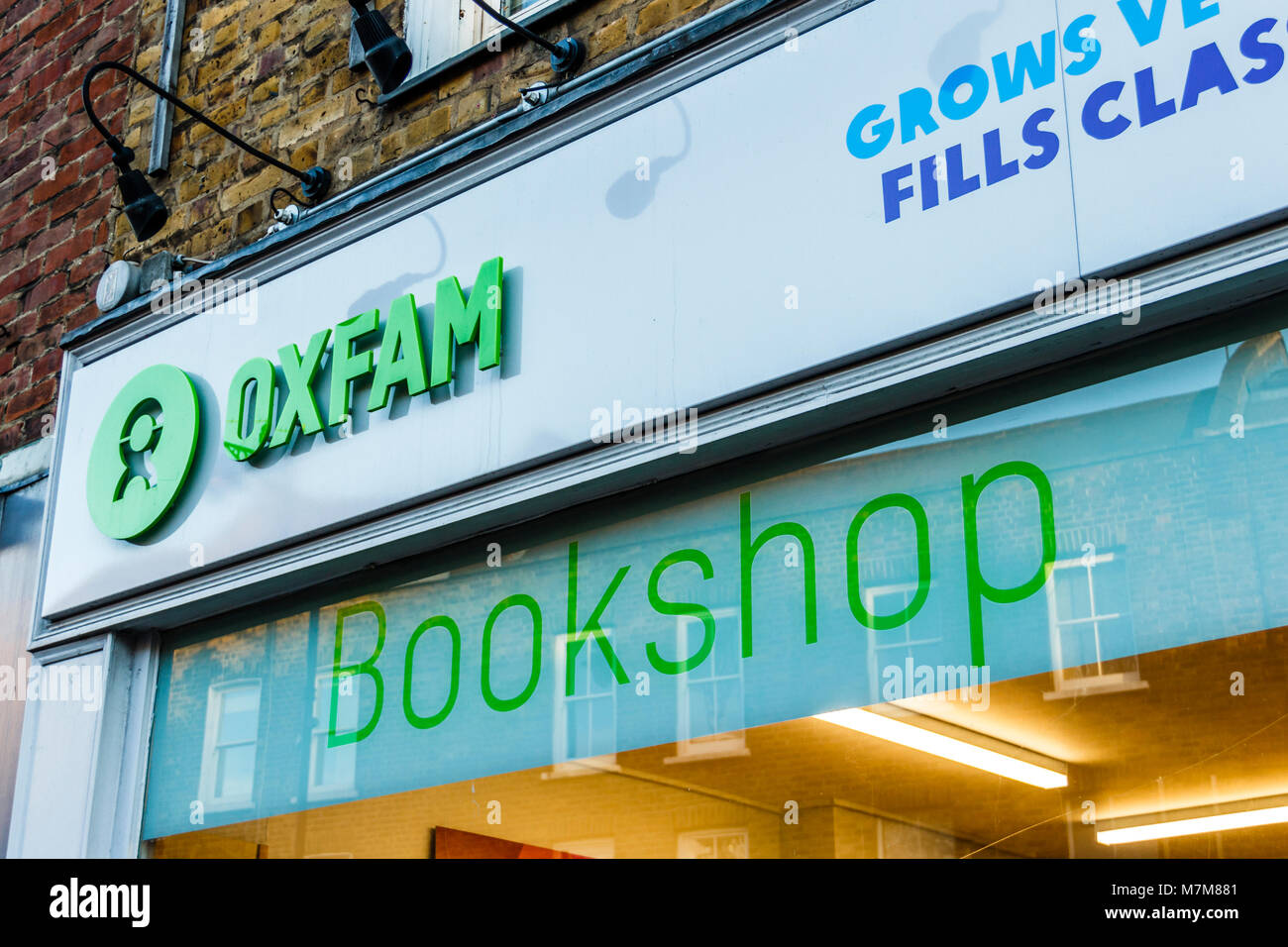 Facade of Oxfam Books charity shop in Highgate Village, London, UK Stock Photo