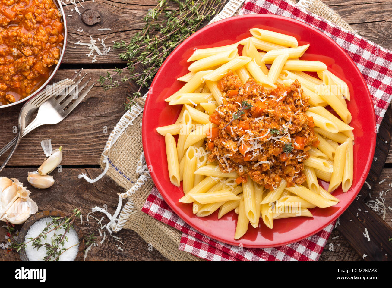 Pasta bolognese. Pasta served with a sauce of ground beef meat, tomato